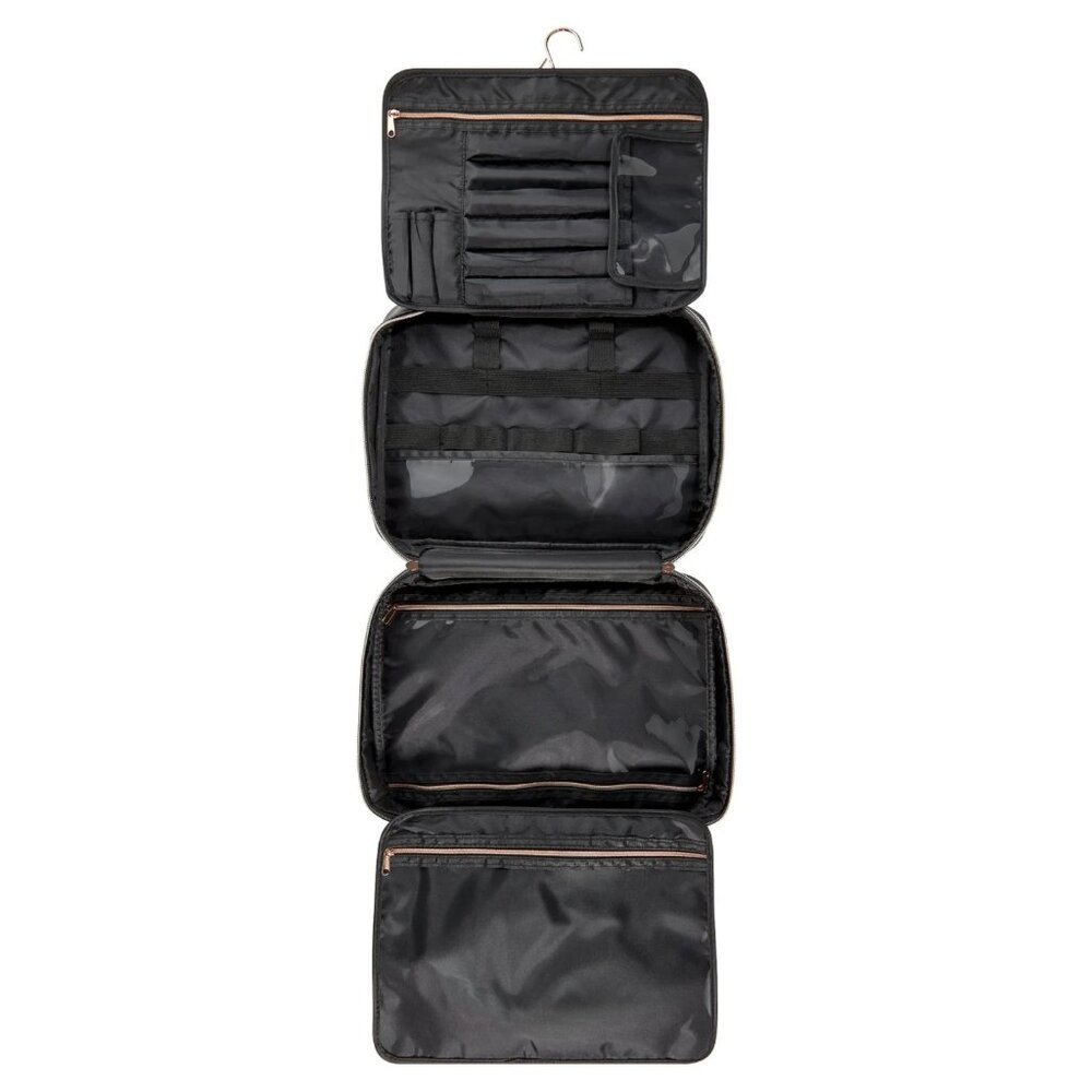 Travel Cosmetic Toiletries Large Hanging Hook Bag Black Saffiano Leather NEW - Picture 2 of 6